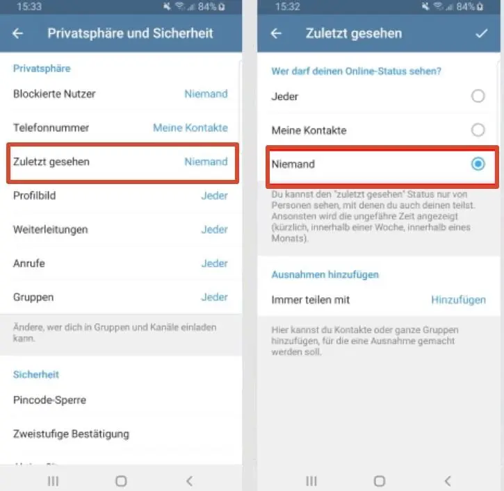 Telegram kürzlich gesehen ausblenden