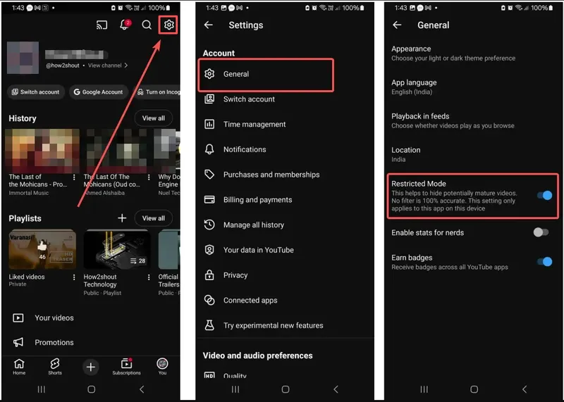 turn on restricted mode on YouTube app