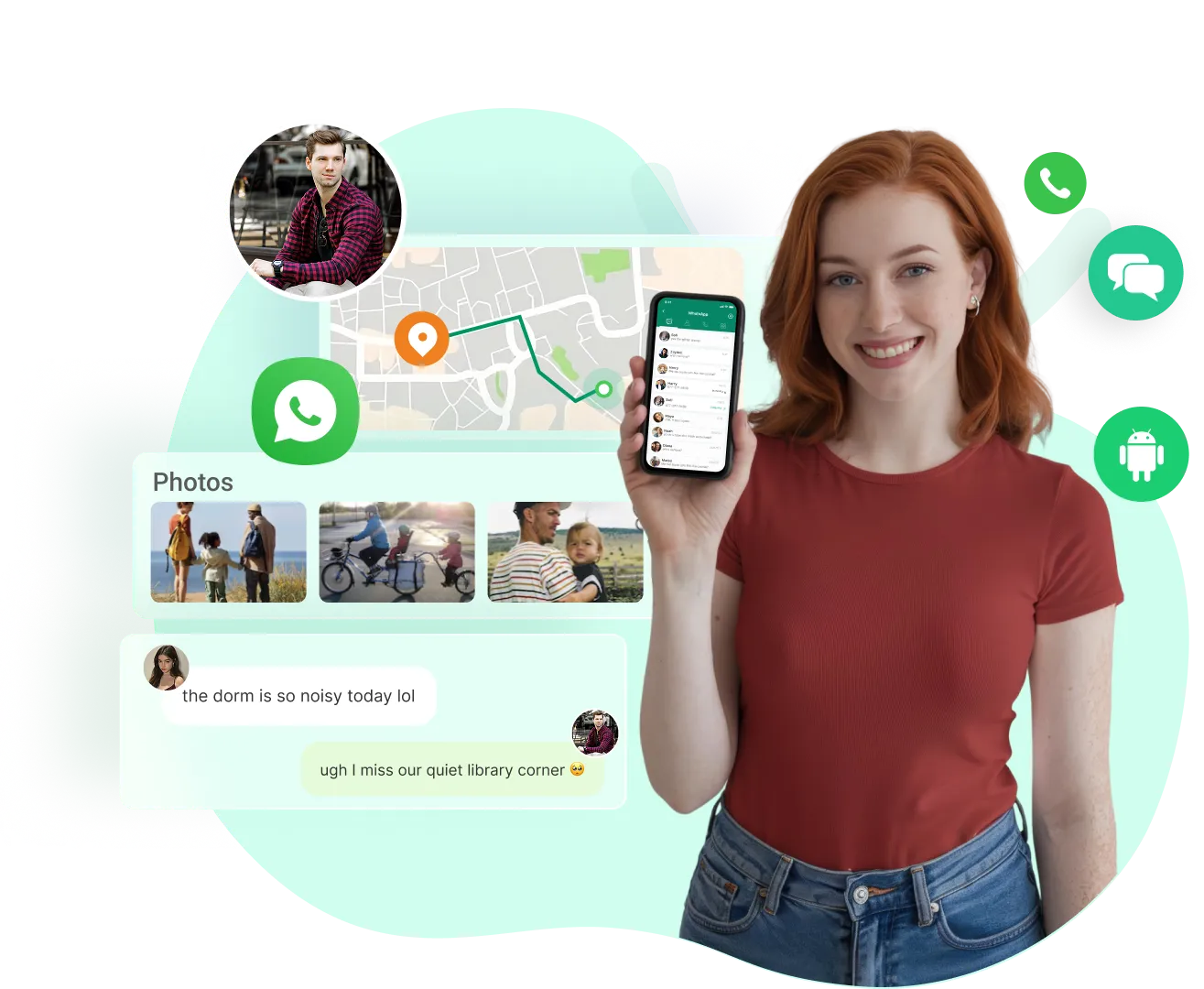 Illustration of a phone showing WhatsApp messages being monitored