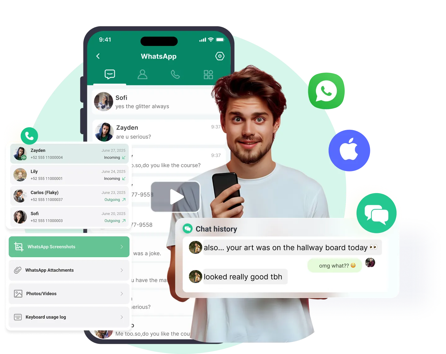 Illustration of a phone showing WhatsApp messages being monitored on iPhone