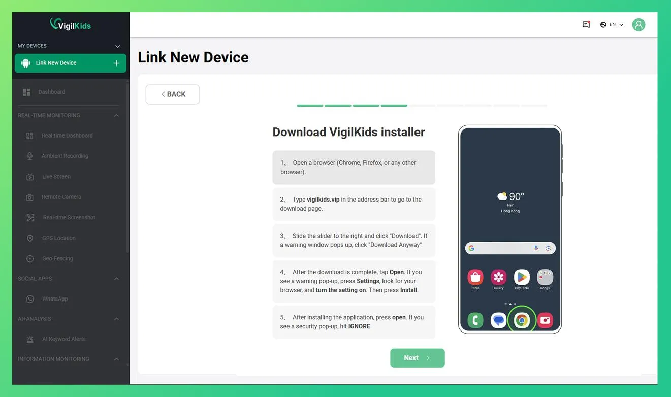 Install on the target Android device