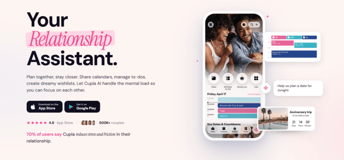 Cupla app interface showing shared calendar across time zones for long distance couples