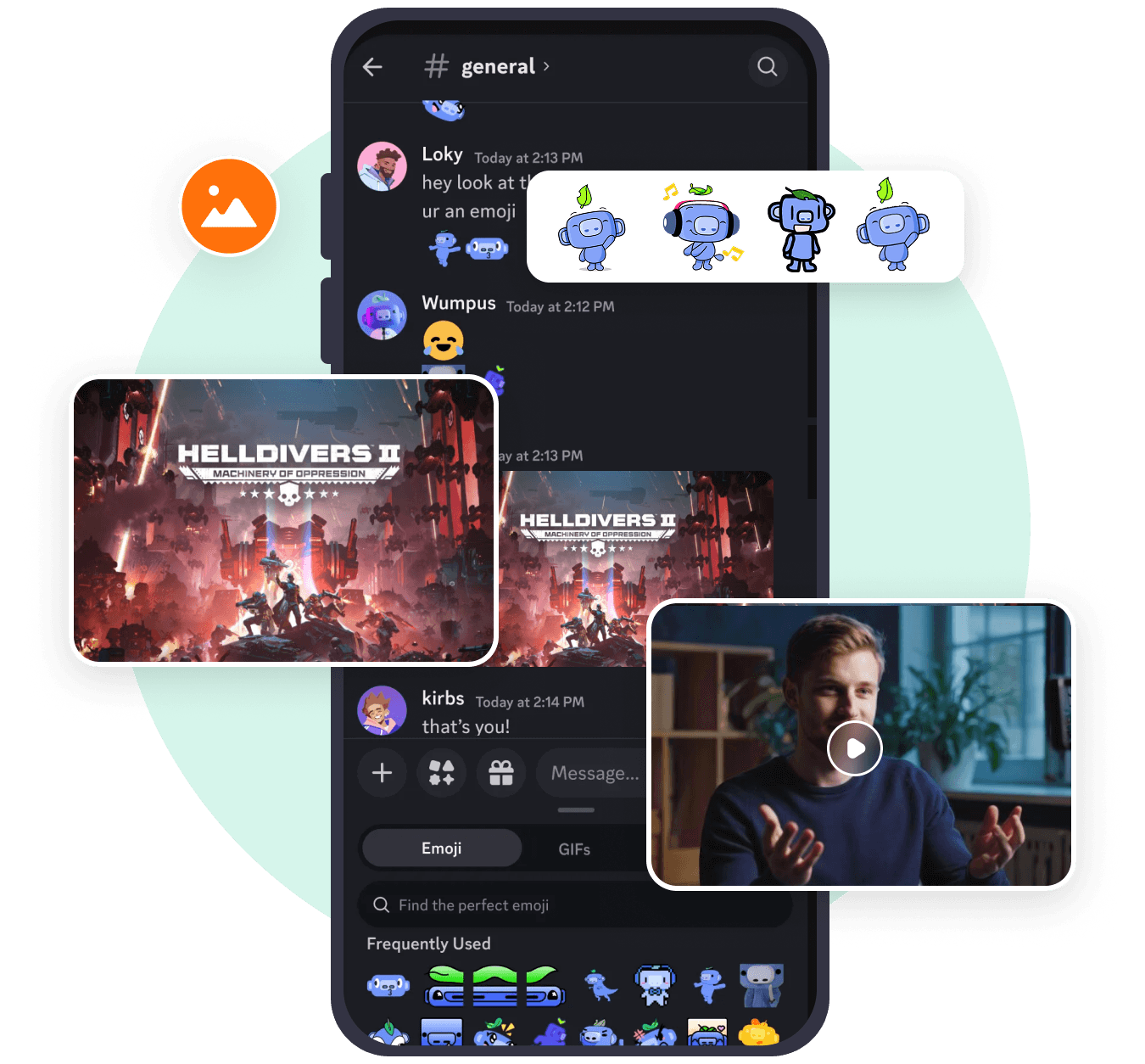 Discord server channel with shared images and video clips