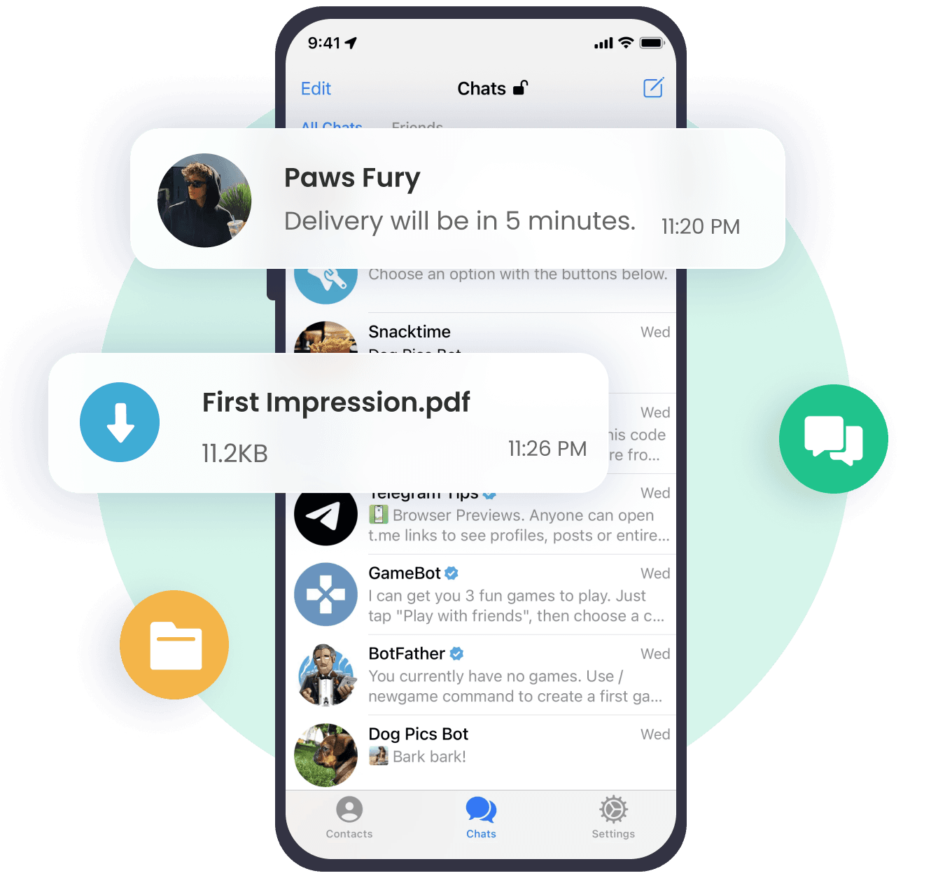 Telegram chat list with captured message notifications and a shared file