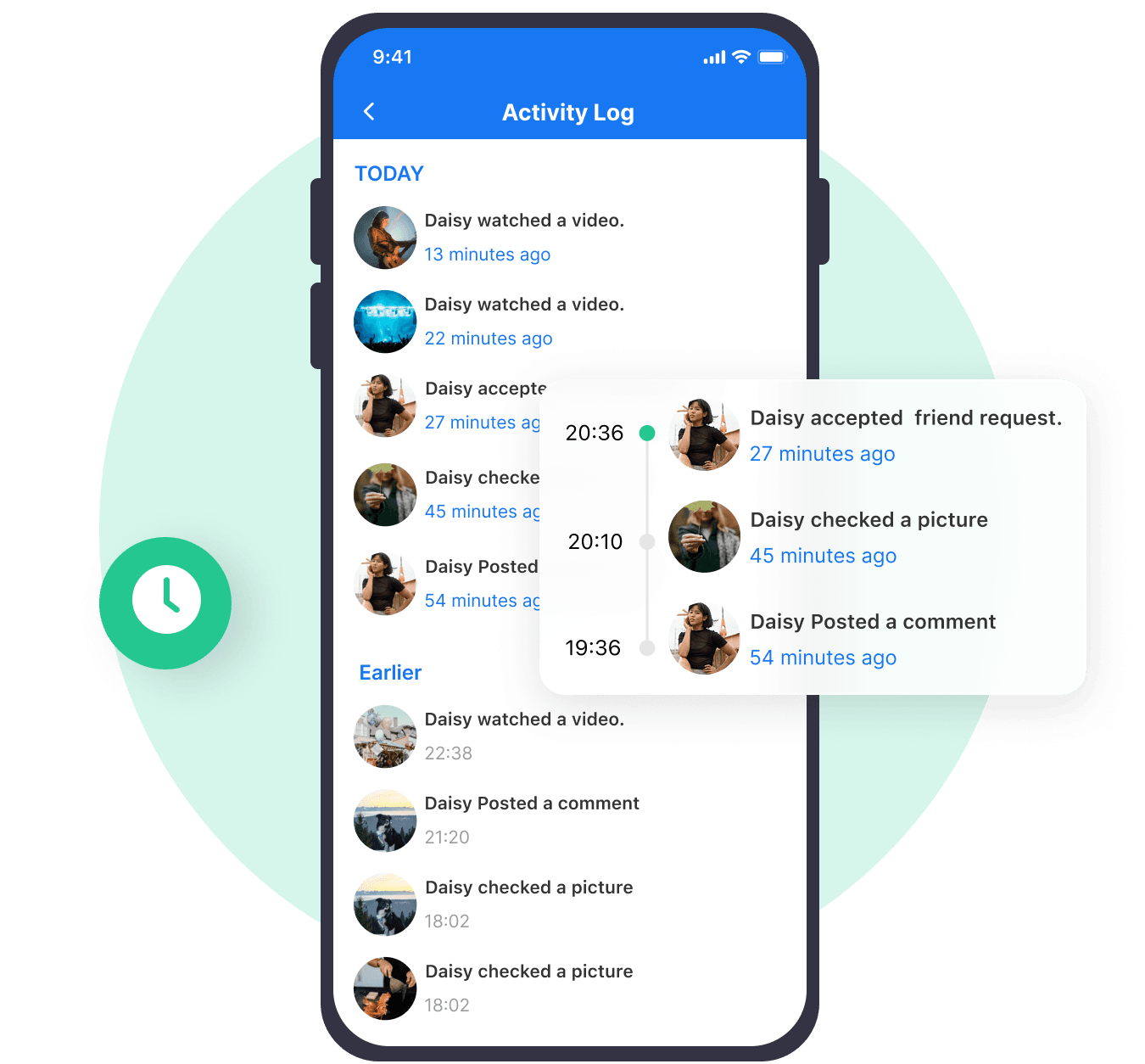 Facebook activity log showing watched videos, friend requests, and comments