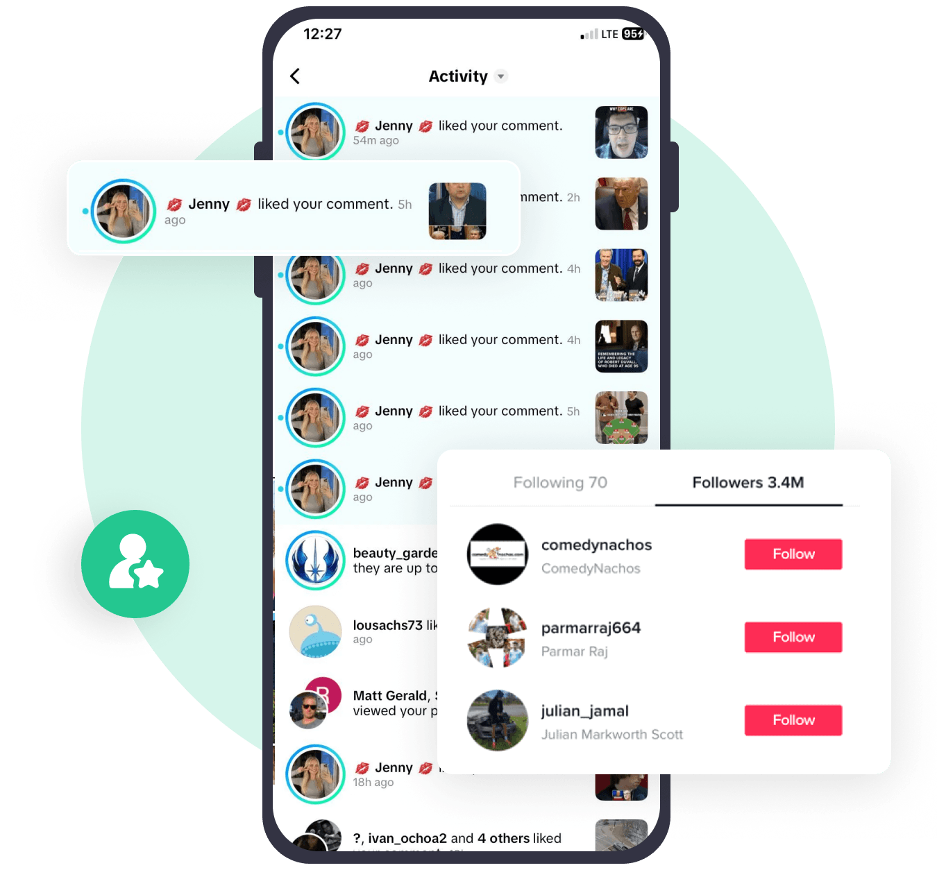 TikTok comments, followers, and followed accounts activity