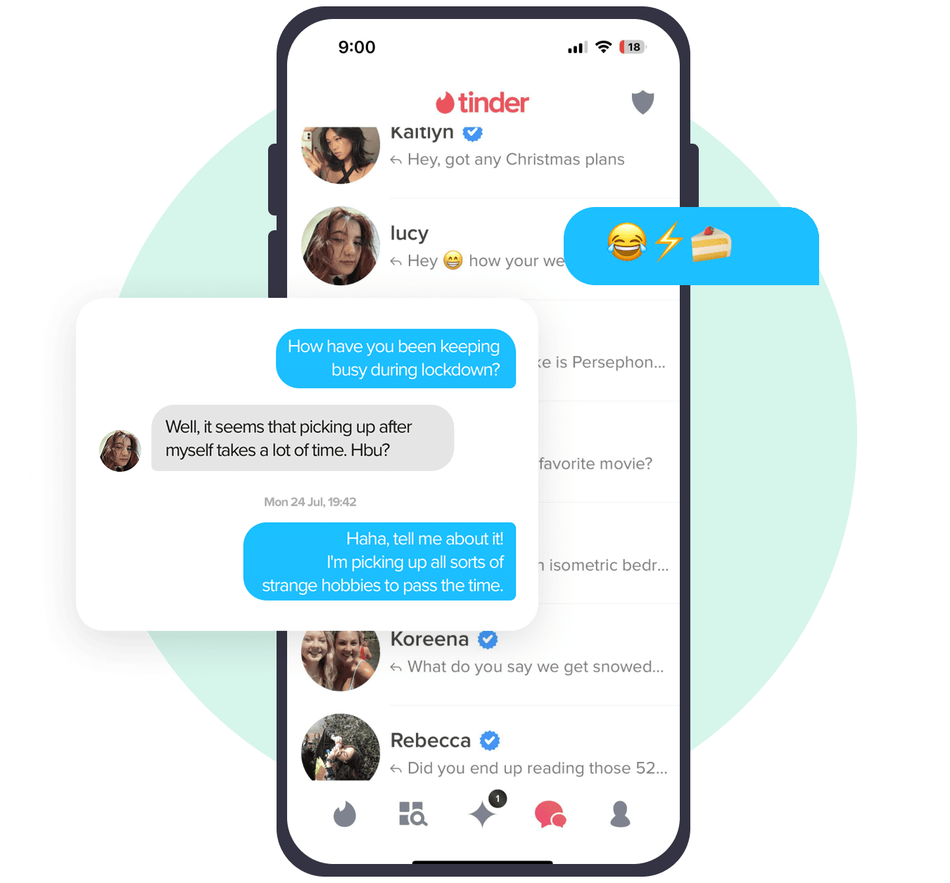 Tinder match list and conversation captured from the first message