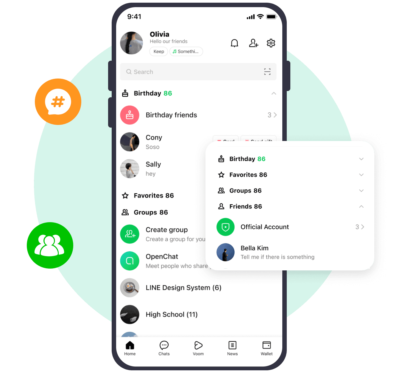 LINE contact list with friends, groups, and OpenChat communities