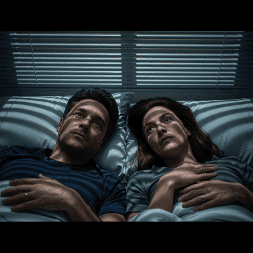 Pensive couple lying awake in bed at night under blind shadows