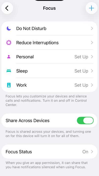 iphone focus mode setup screen