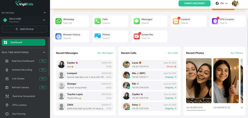 VigiKids dashboard interface