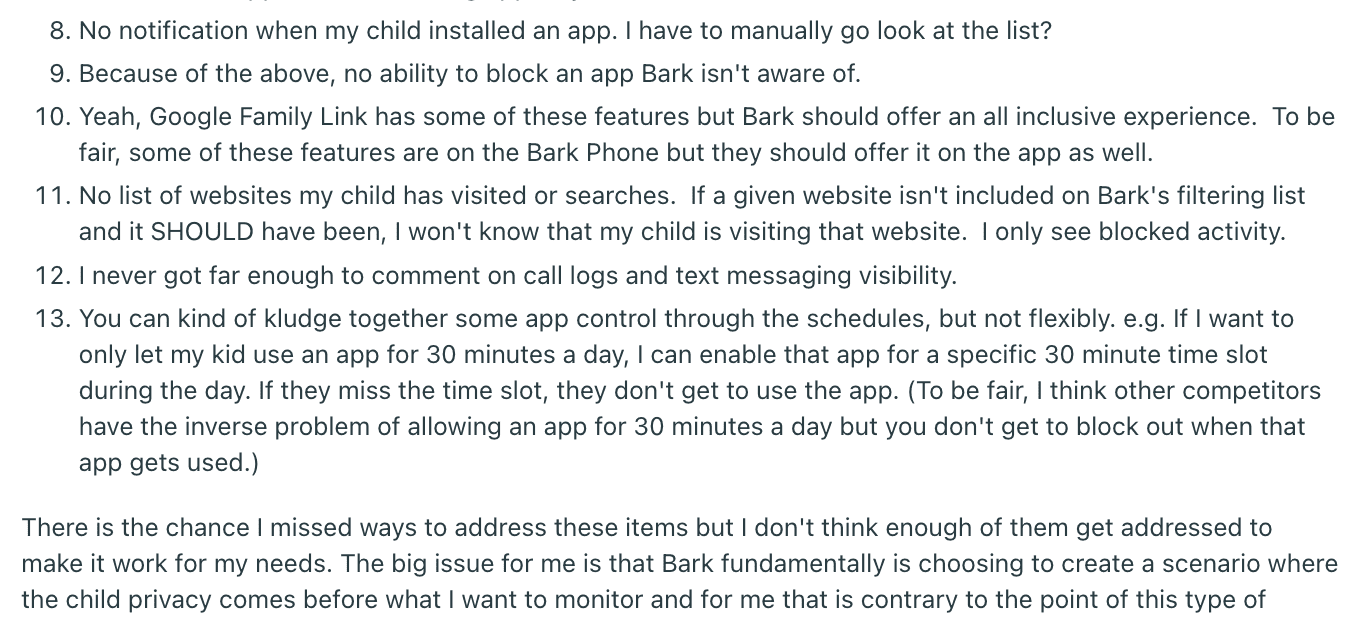 Reddit parent describing Bark as slow, unreliable, and frustrating to use