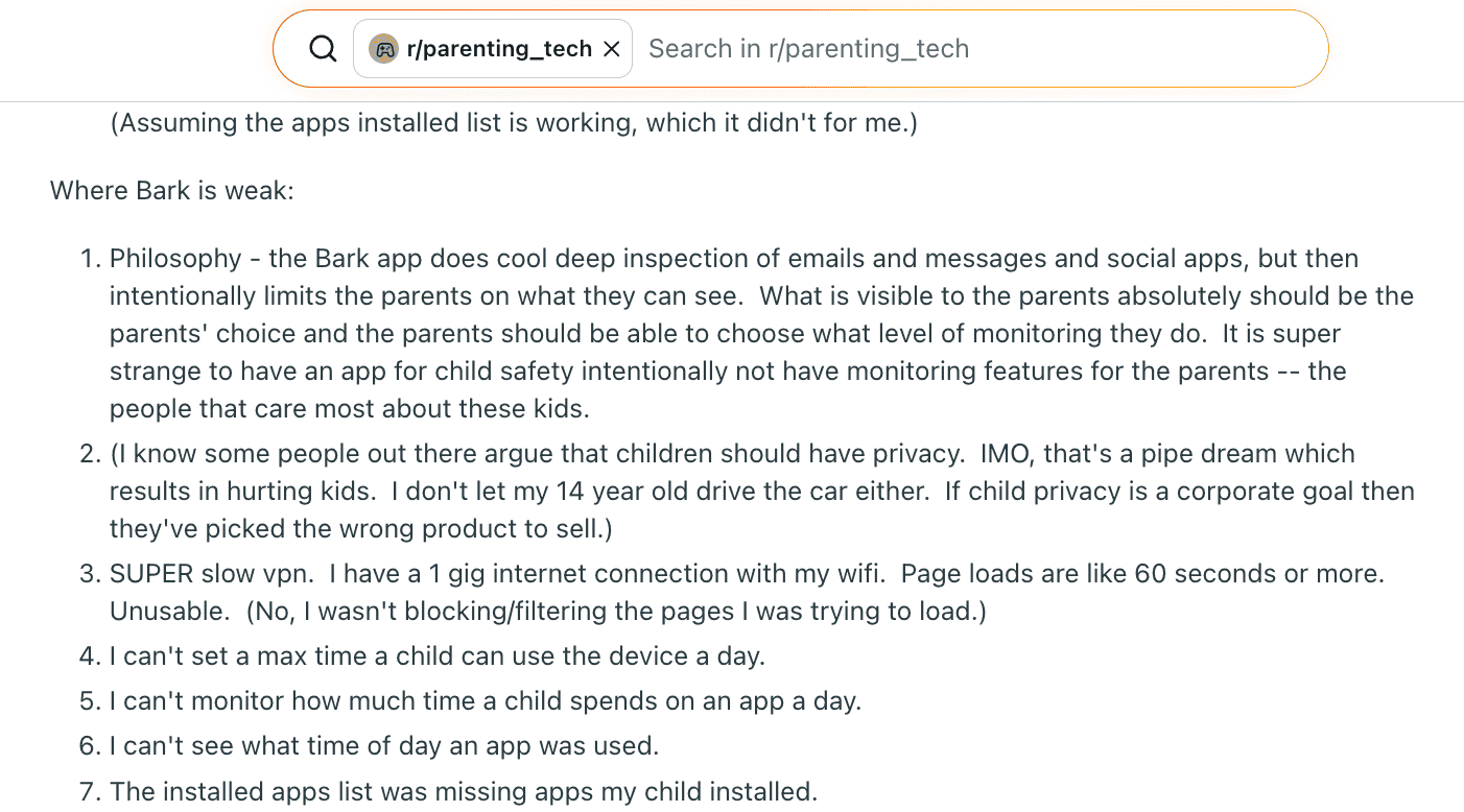 Reddit user listing Bark app weaknesses such as limited parental visibility and missing usage data