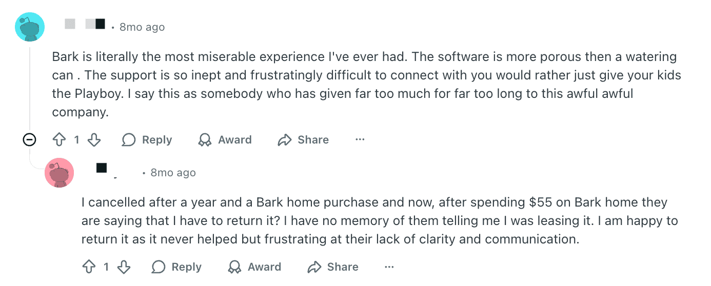 Reddit complaint about Bark Home refund confusion and device return requirements