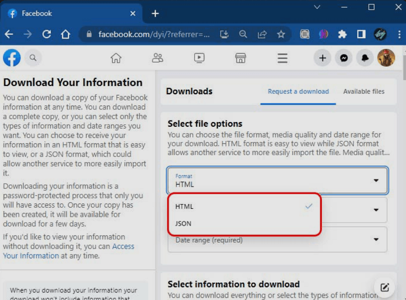 facebook download your information page