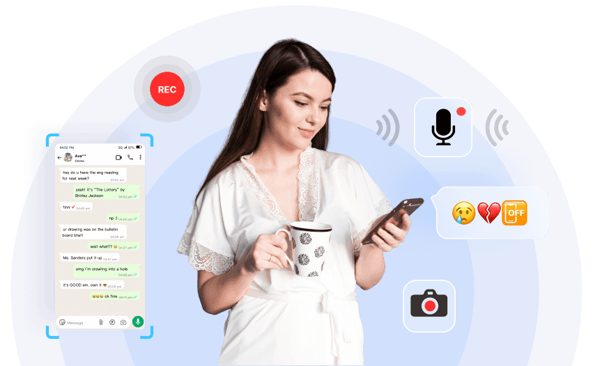 A woman holding a coffee in one hand and a mobile phone in the other remotely viewing the device camera, live audio and screen