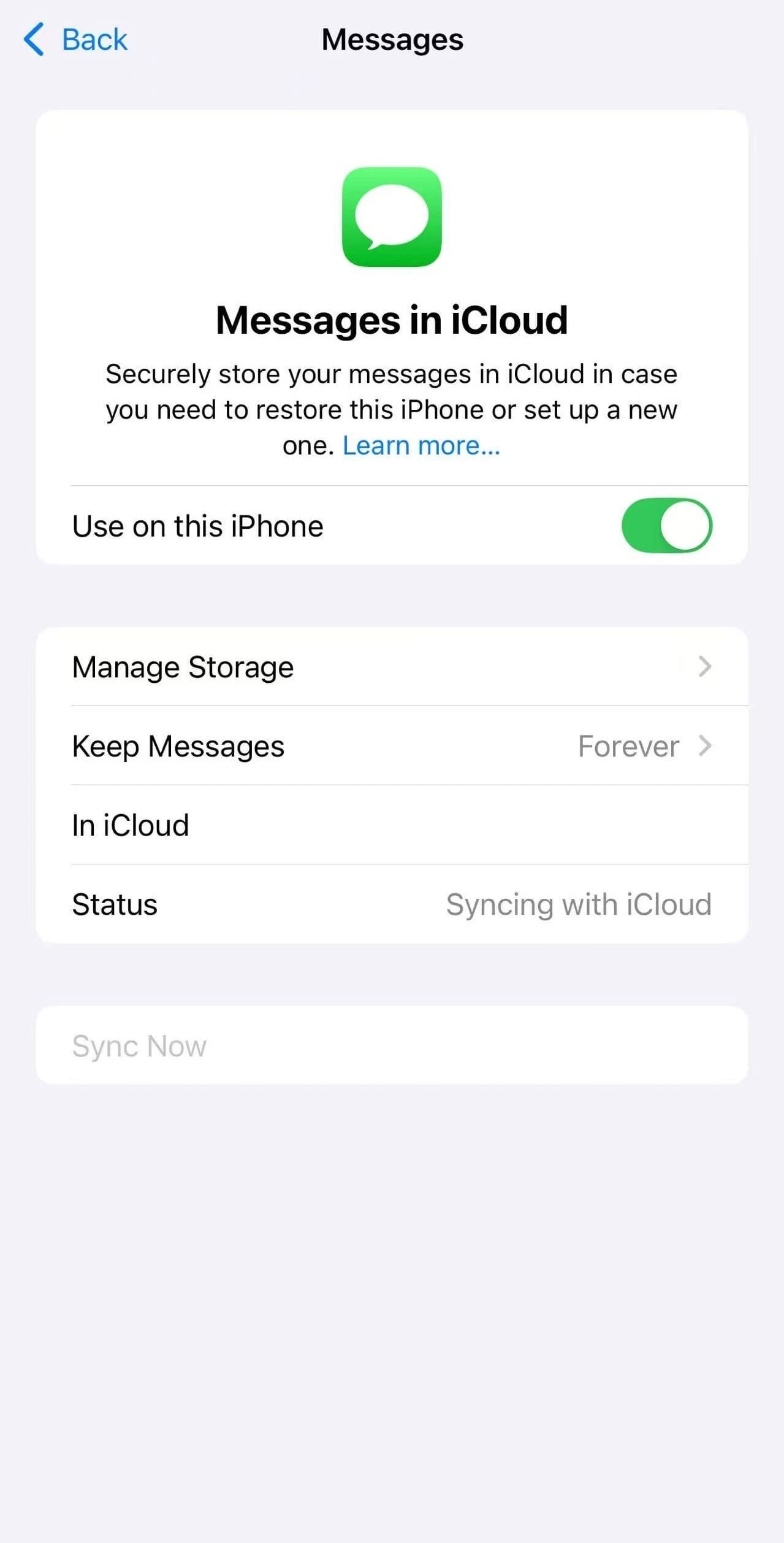 turn on messages backup in icloud